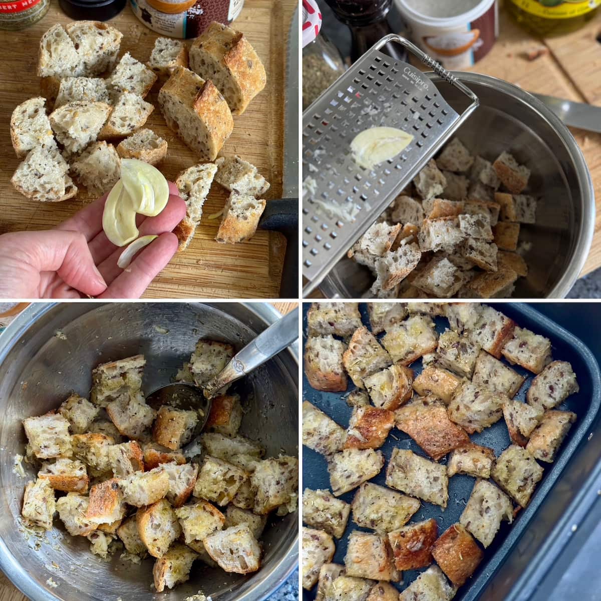 recipe steps of cubed day-old bread with a grated fresh garlic clove then tossed in olive oil, salt and herbs in an air fryer dish