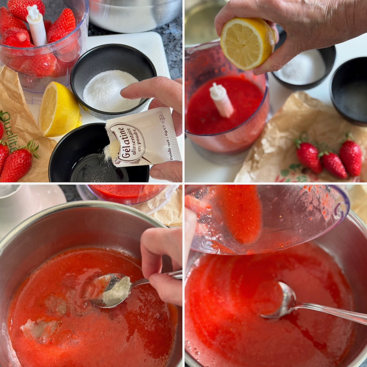 4 recipe steps showing dissolving gelatine powder in water to bloom then stirring it in to warmed strawberry purée