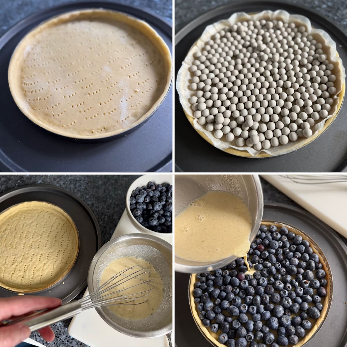 recipe steps to make a blueberry tart showing blind baking the pastry base, whisking a quick custard and pouring it over the pastry crust and blueberries