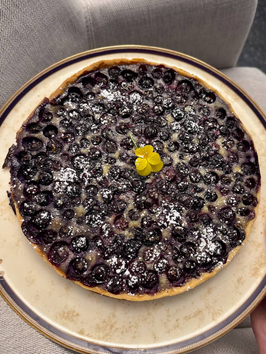 large baked blueberry tart with sweet pastry and topped with a little powdered sugar over the custard filling