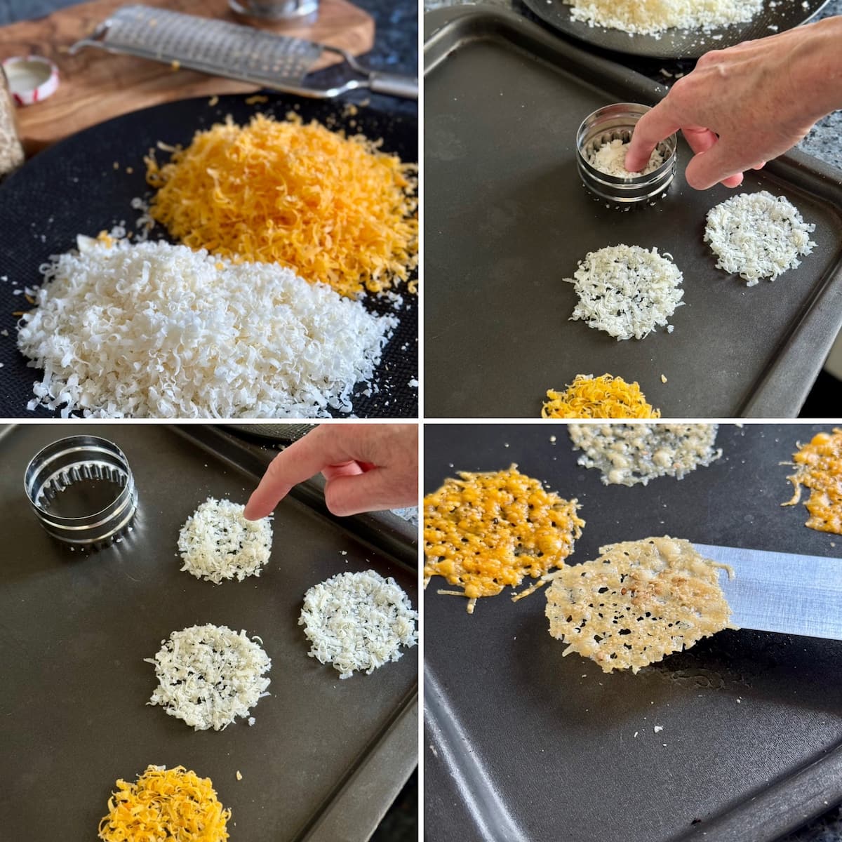 placing a thin layer of grated Parmesan cheese or matured Gouda on a baking sheet using a cookie cutter and taking out of the oven 
