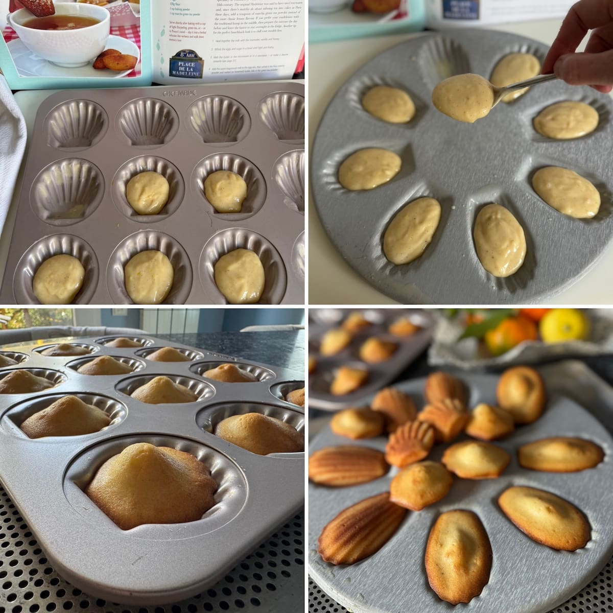 spooning madeleine cake batter into scalloped shaped tins then taking the cakes out when baked