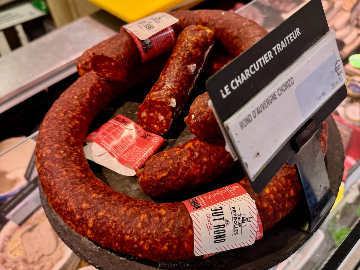 large chorizo sausage with a French label from the Ardèche region