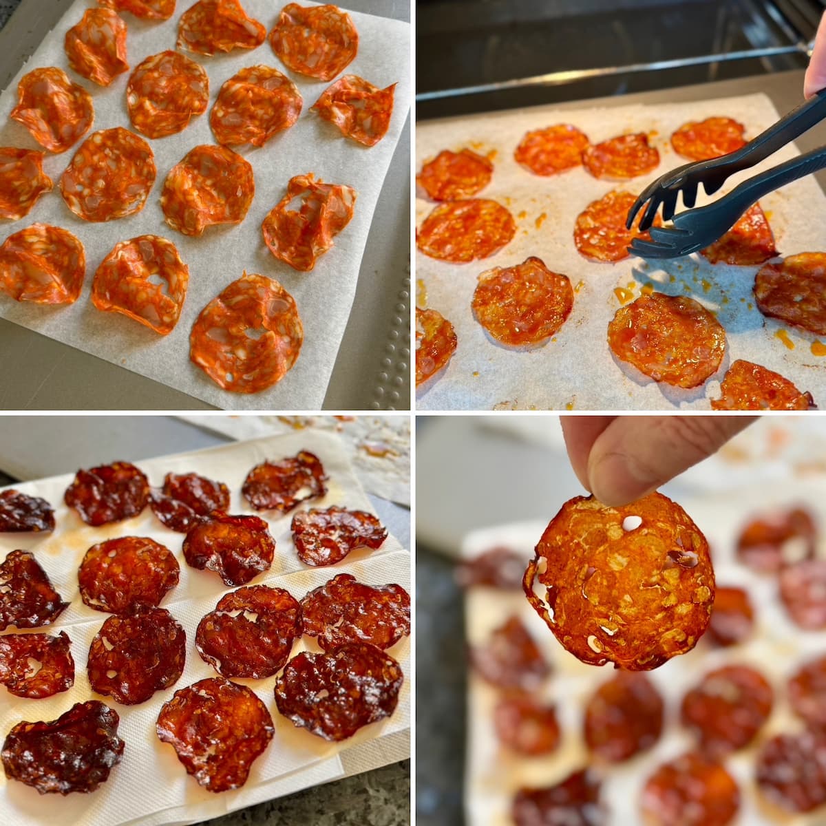 how to crisp up chorizo slices in the oven, turning half way through cooking then cool on kitchen paper