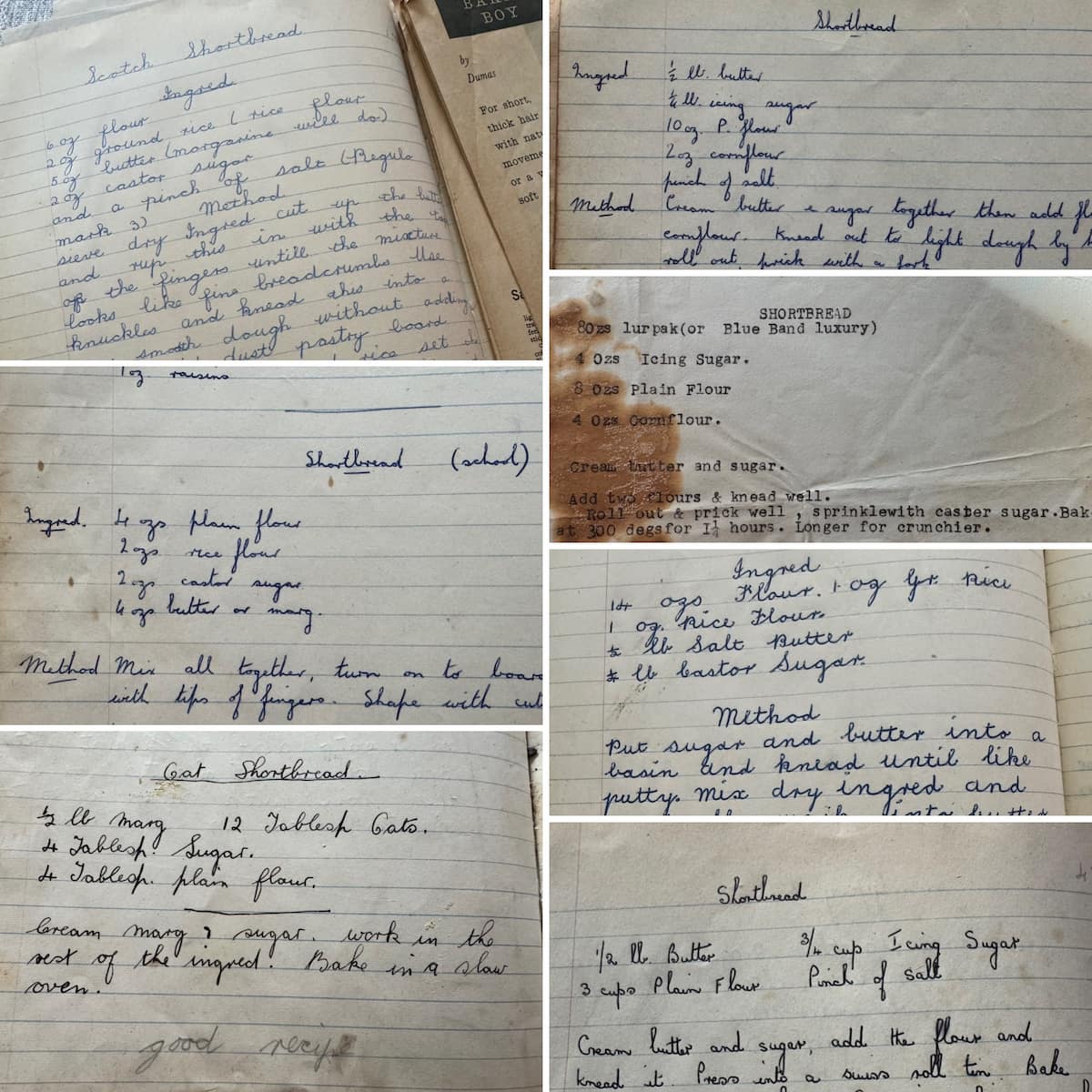 example of 6 old handwritten family Scottish recipes for shortbread 