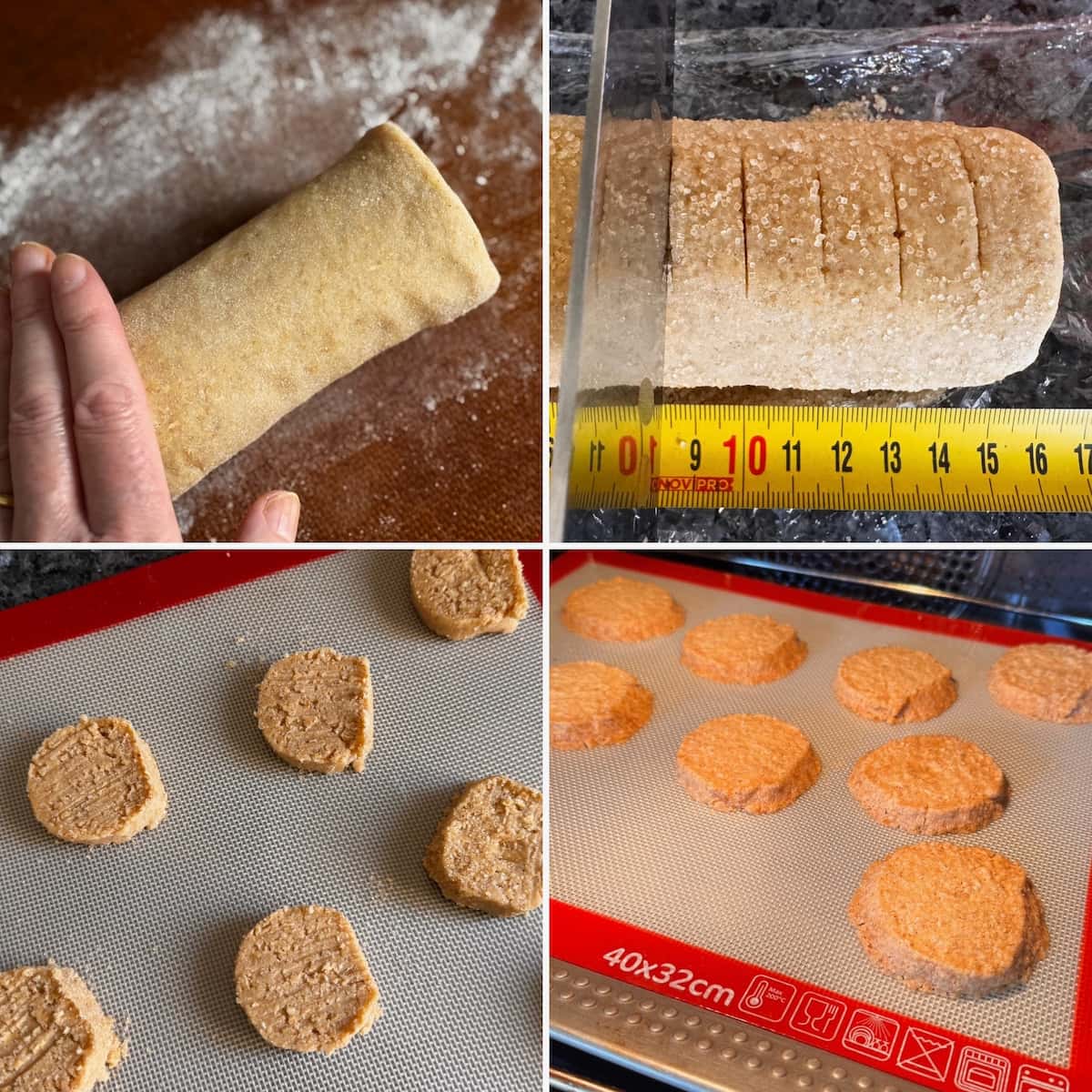 rolling shortbread cookie dough into a cylinder, slicing chilled log and baking to light golden rounds