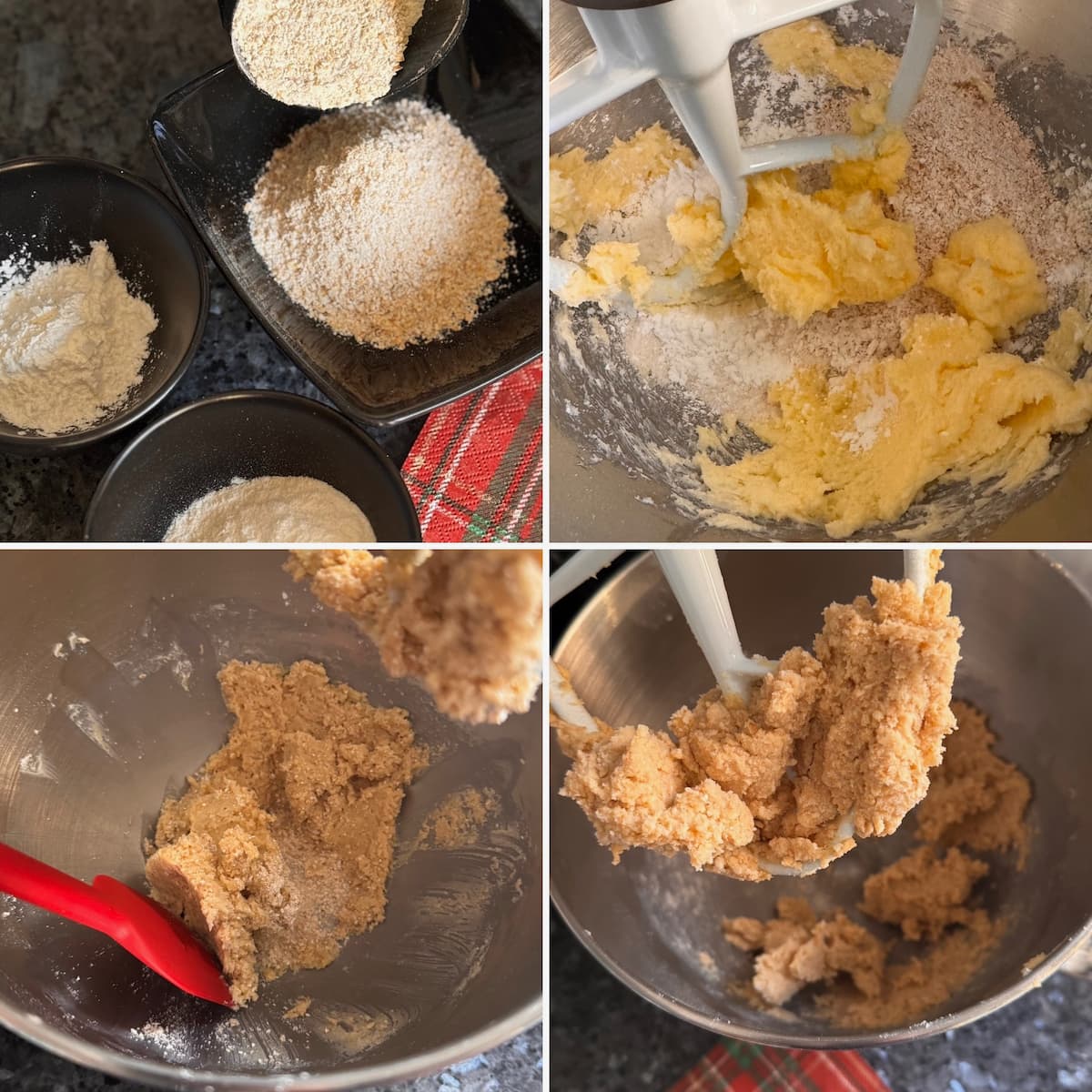 grinding oats to make flour, mixing flours with softened butter and sugar until it forms a dough