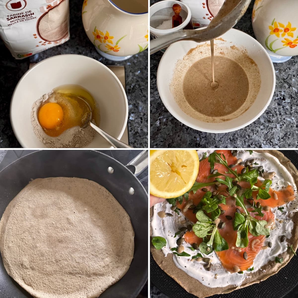 mixing 2 tablespoons buckwheat flour with and egg and a little water, cooking in a frying pan then garnishing with the filling