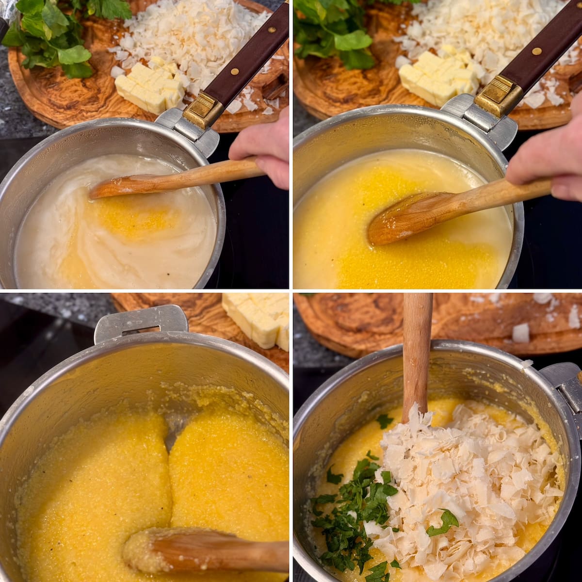 quick, easy recipe steps showing stirring cornmeal into boiling water and stirring for 5 minutes until thick polenta, then stirring in Parmesan cheese, butter, parsley, salt and pepper