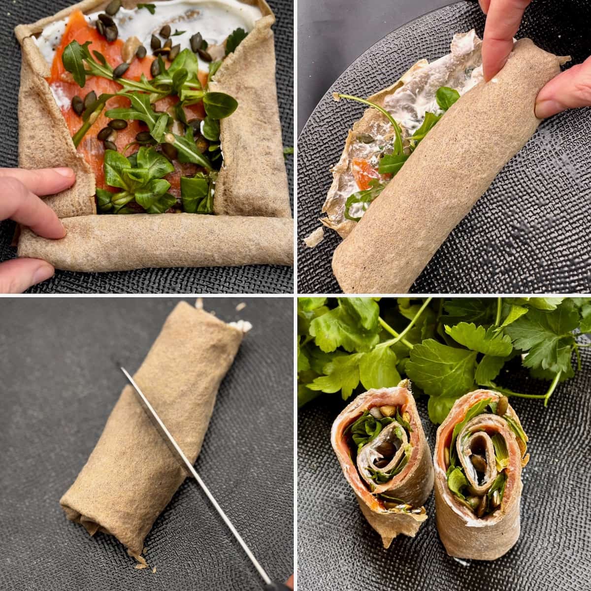 folding a wrap tightly from left to right then bottom to top to stop it from falling apart with the filling