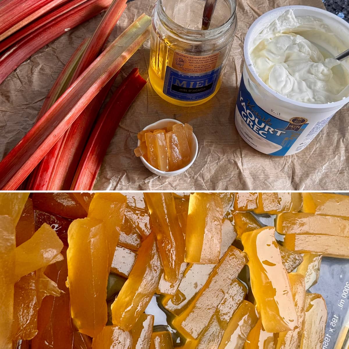 Ingredients laid out to make a rhubarb fool with ginger: red rhubarb stalks, runny French honey, candied ginger and a tub of Greek yogurt