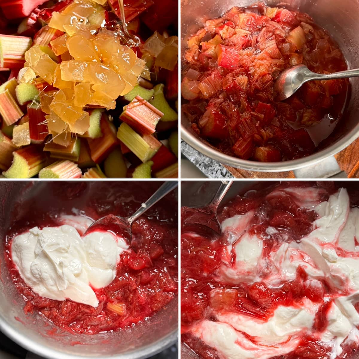 quick recipe steps to make rhubarb fool with candied ginger, honey then the compote is swirled into thick yogurt