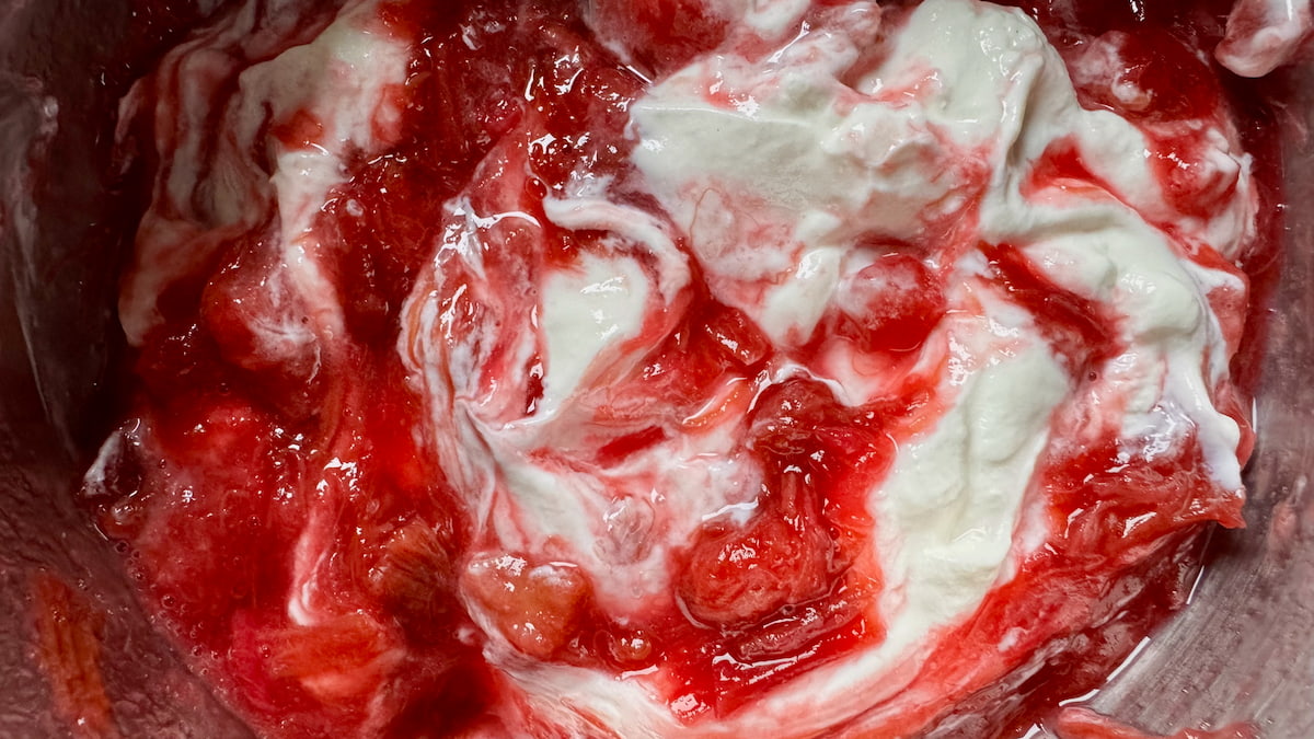 vibrant rhubarb compote with candied ginger and honey, swirled into Greek yogurt
