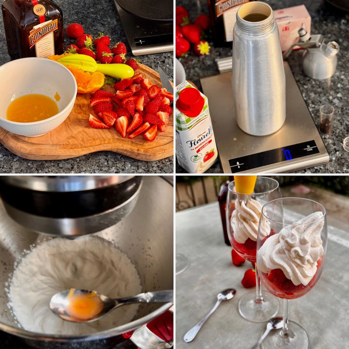 recipe steps how to make strawberries romanoff with ripe fruit, orange pulp and juice, orange liqueur and cream. Either whip the cream in a mixer or use a siphon with gas canister