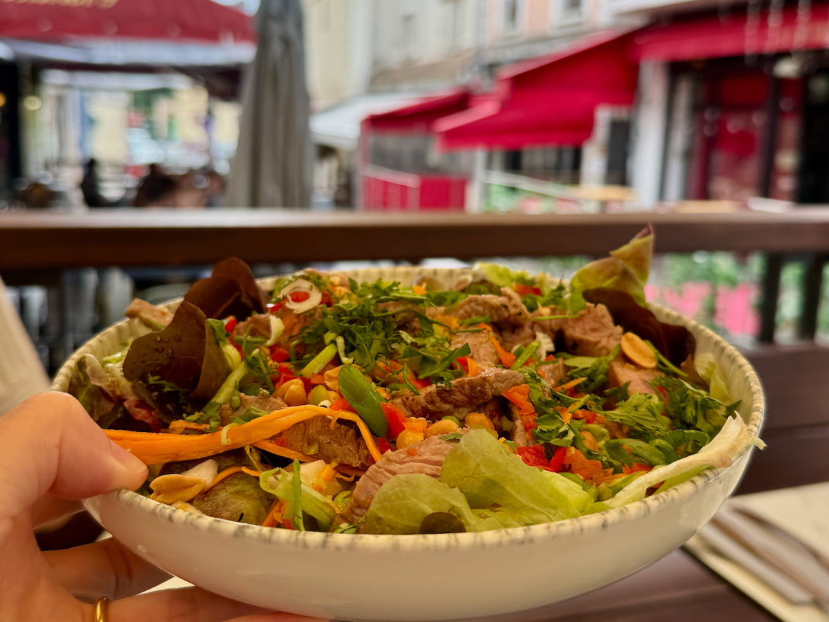 colourful beef salad with spices and peanuts at Inalis bistro in Fontainebleau