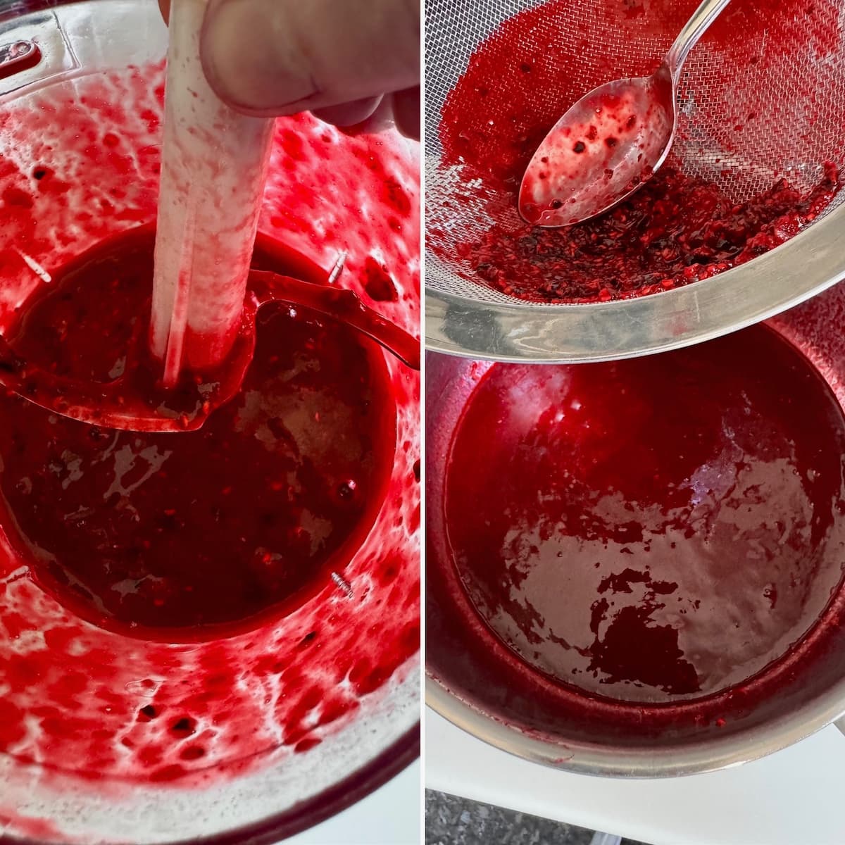 mixing the raspberries in a blender then pushing out the seeds in a fine mesh
