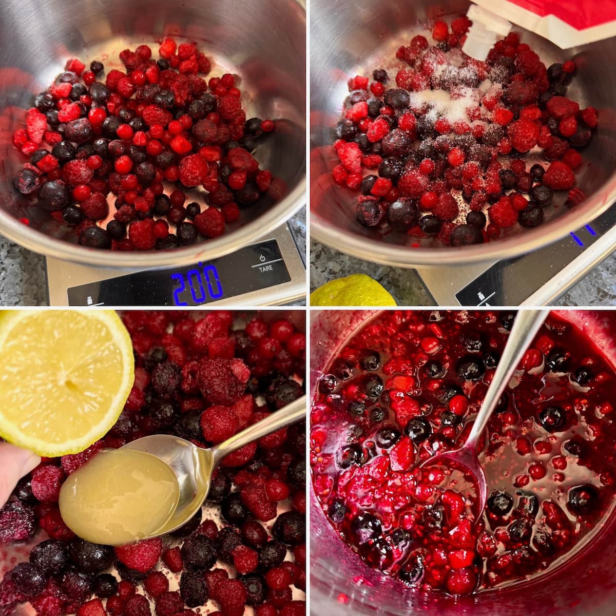 heating frozen berries in a saucepan briefly with a little sugar or honey and lemon juice to make a coulis