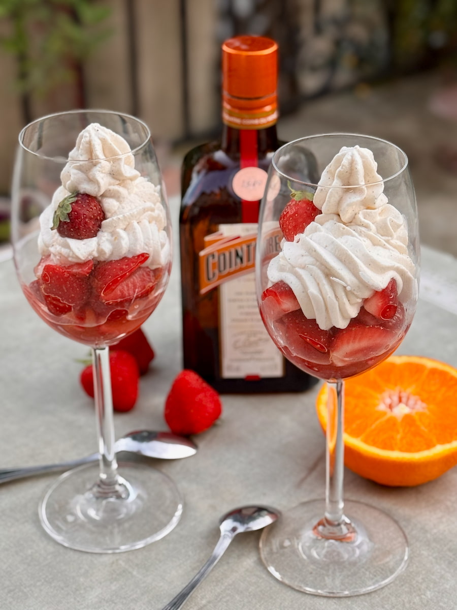 Strawberries Romanoff is the French version of strawberries and cream with orange and liqueur