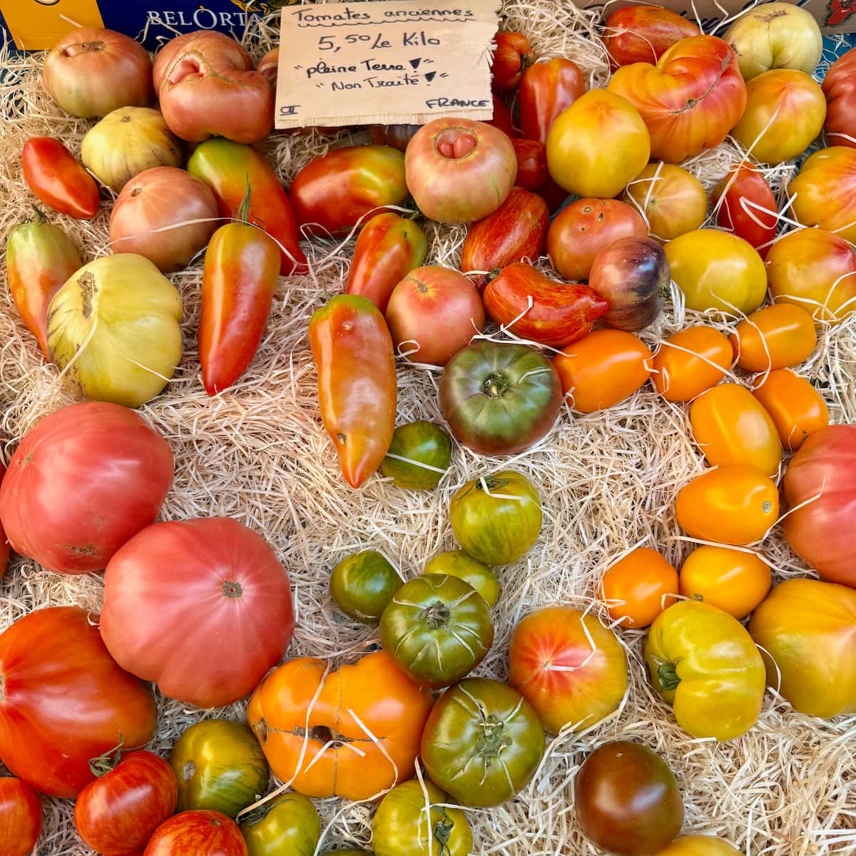 French varieties of organic heirloom tomatoes like marmande and coeur de boeuf in all shapes and sizes=