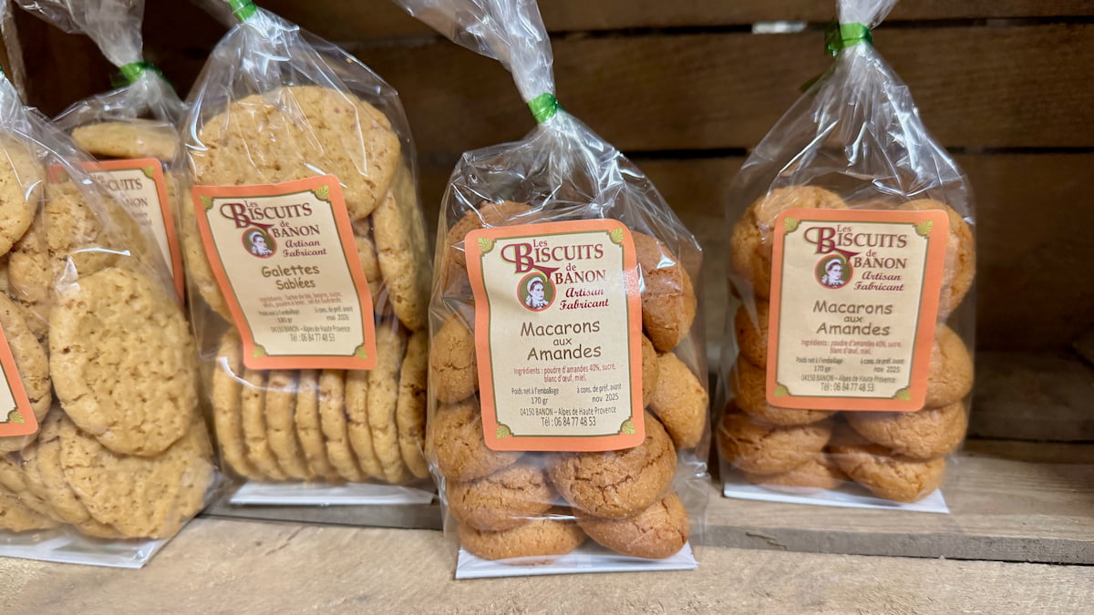 packets of Banon macarons in Provence showing crinkly, flat almond biscuits
