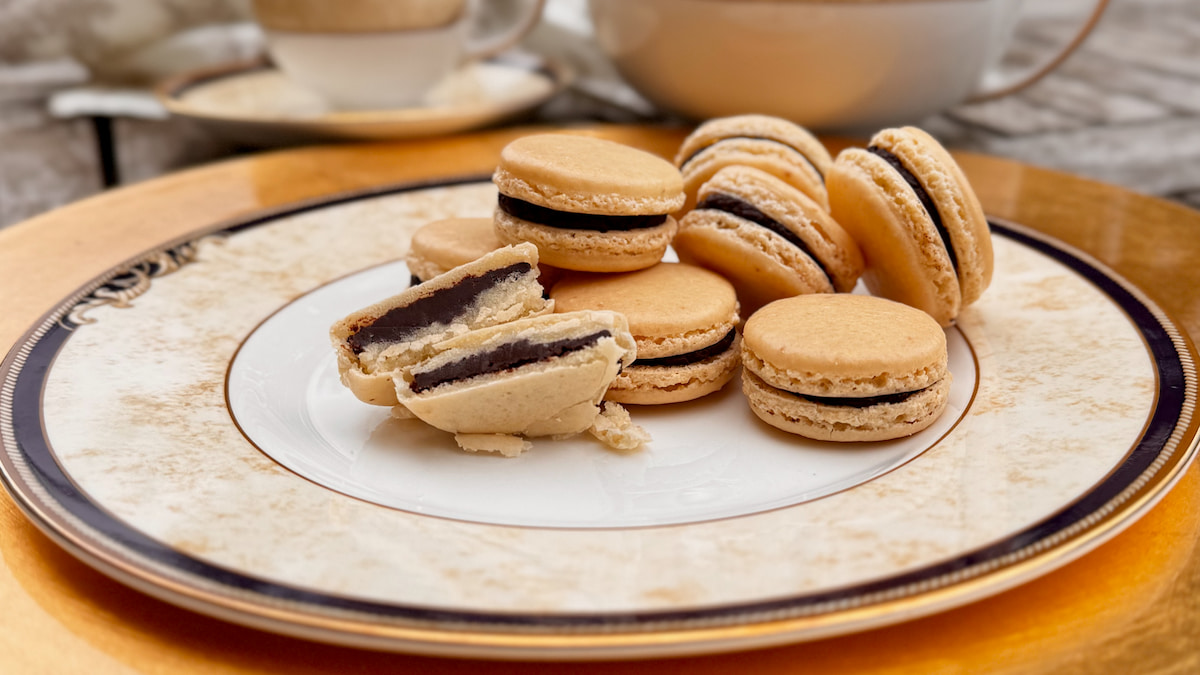 Beginner French macaron recipe made with plain almond shells and a dark chocolate ganache that's soft after maturing