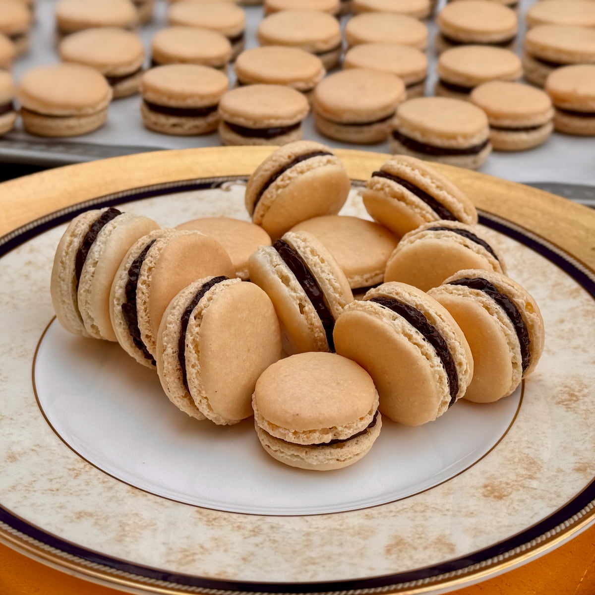 plain ivory French macarons filled with a dark chocolate ganache on a large golden plate in front of a perfect batch of filled macarons