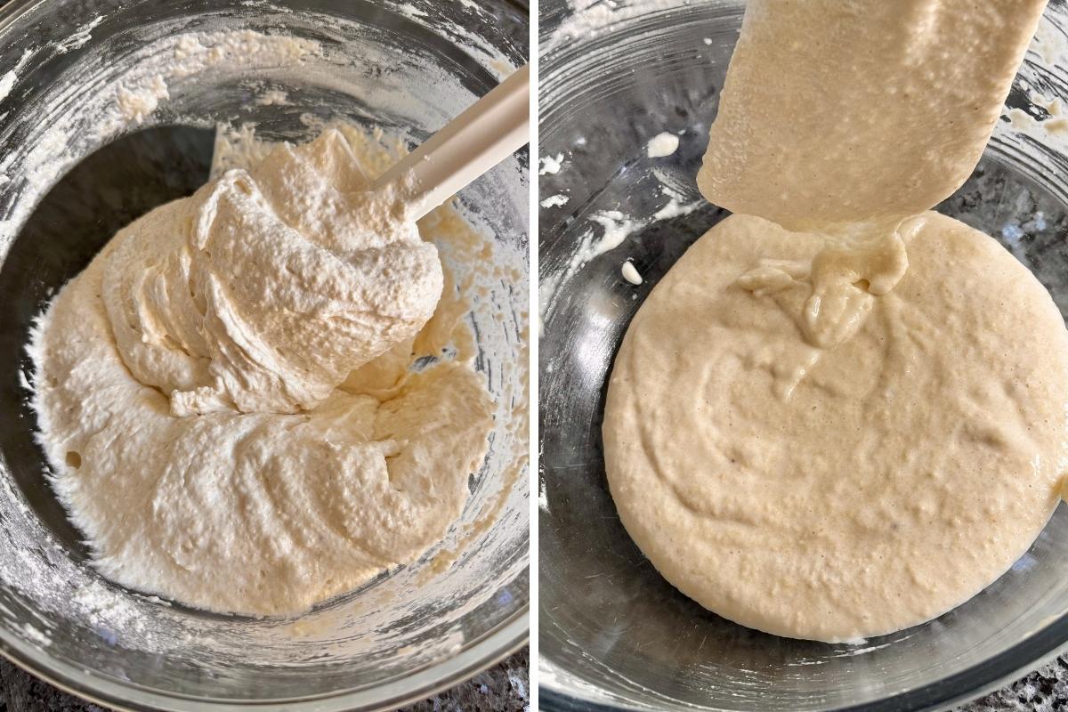 two steps in macaronage to make French macarons by mixing the dry ingredients into firm meringue then beating out the air bubbles with a spatula