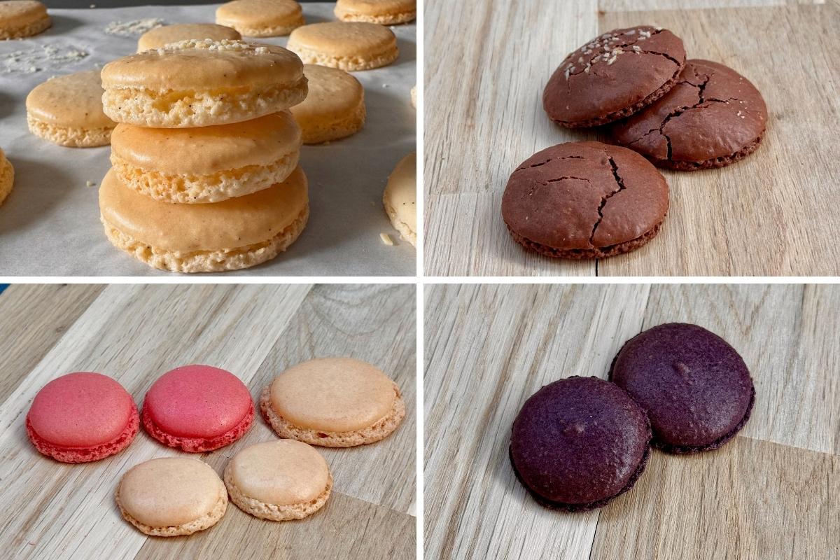 images of hollow macarons with large air pockets under the shell, chocolate cracked macarons, spreading feet and lumpy macaron shells