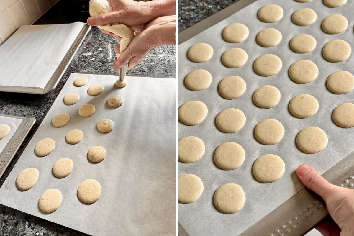 Piping out small rounds of macaron batter with a small plain tip on to a baking paper on a tray then rapping it to pop any bubbles