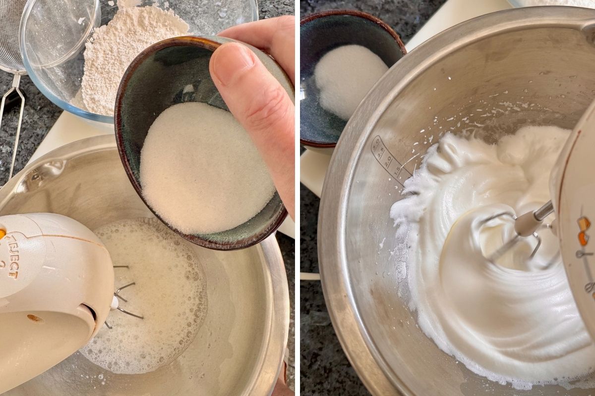 Gradually adding caster sugar to egg whites while whipping with an electric whisk until firm and glossy peaks