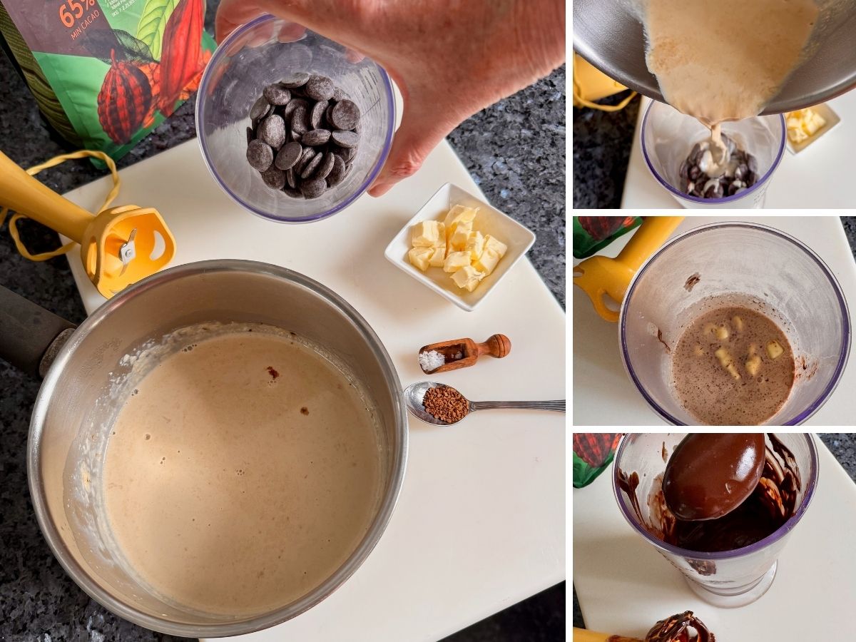 dark chocolate pieces, with hot heavy cream in a saucepan with coffee and blended with little cubed butter to make a smooth ganache